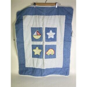 Vintage 1997 Lullaby Club Gingham Denim Patchwork Baby Blanket Boat Car Stars